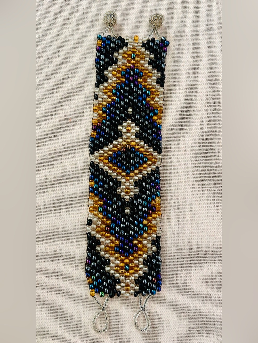 Handmade Multicolor Beaded Bracelet - Gold, Black, Silver & Iridescent Blue